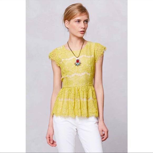 Anthropologie Tops - Anthro Maeve Yellow Lace Katrine Short Sleeve Peplum Top Small